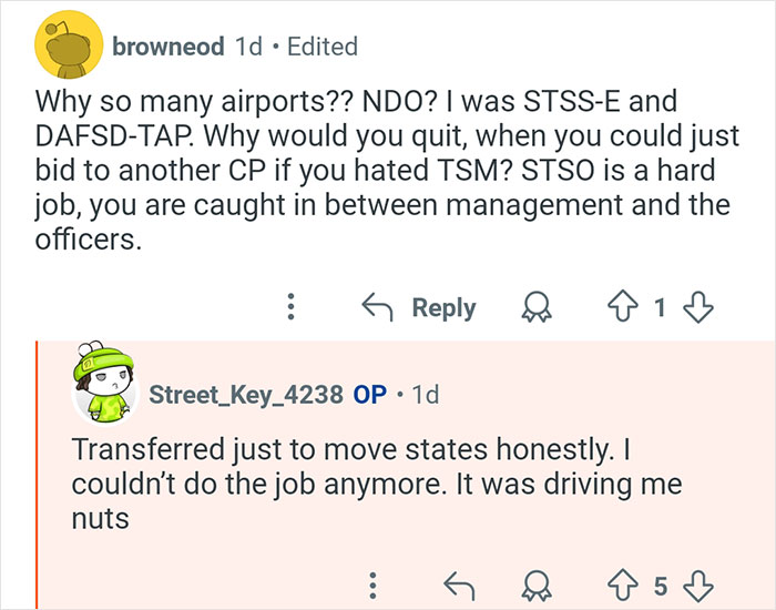Screenshot of a forum discussion featuring a former TSA worker answering questions about TSA job challenges.