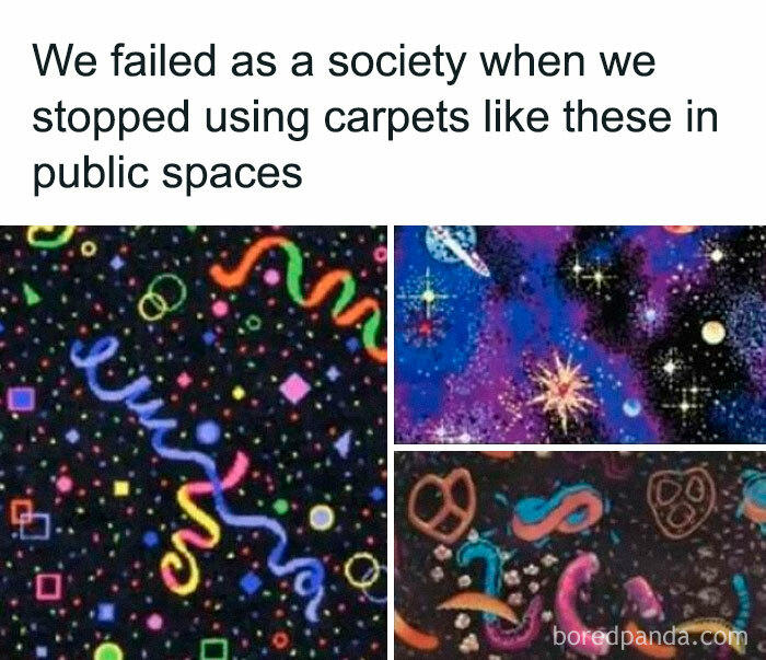 Colorful retro-style carpet patterns from public spaces, featured in funny and random memes from Thunder Dungeon.