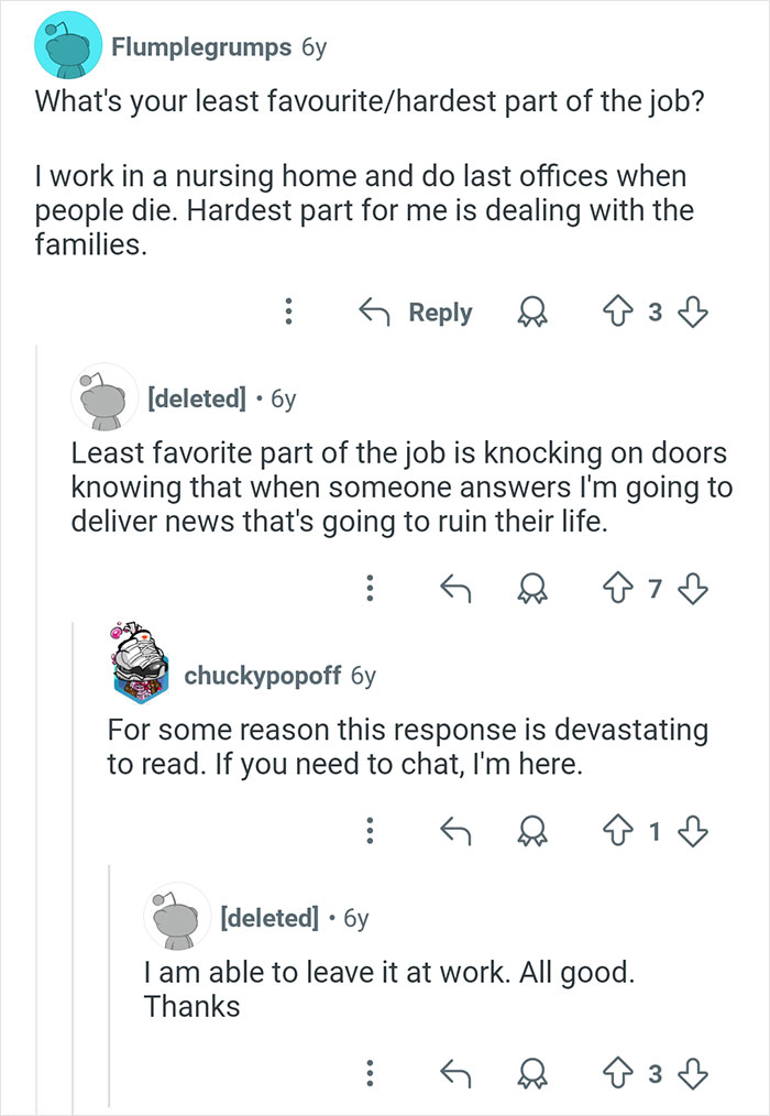 Alt text: Reddit conversation about the hardest parts of jobs involving coroners and delivering devastating news to families