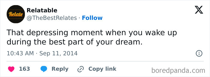 Tweet about the relatable moment of waking up during the best part of a dream, highlighting specific moments in our lives.