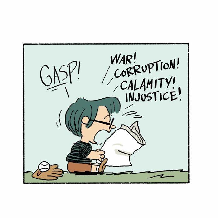 Cartoon character with glasses catching a flying newspaper in a baseball glove in a clever relatable comic style.