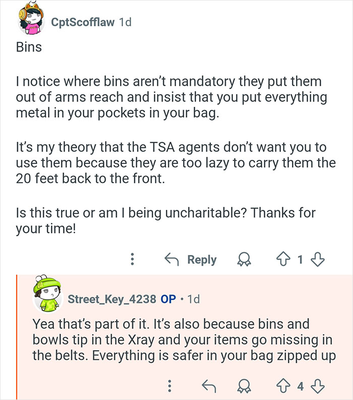 Screenshot of an online discussion where a former TSA worker explains why passengers are asked to put metal items in bags instead of bins.