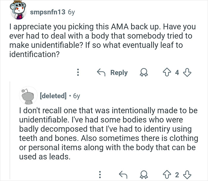 Conversation about coroners identifying unidentifiable bodies using teeth, bones, and personal items.
