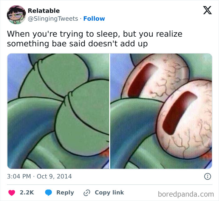 Close-up meme showing a character struggling to sleep after realizing confusing moments from relatable life experiences.