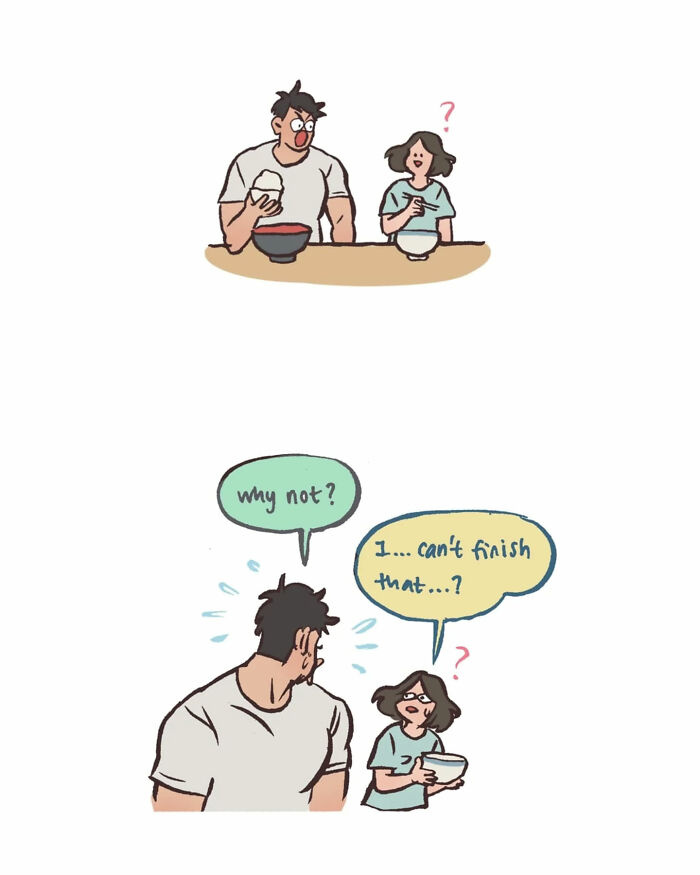 Malaysian artist's relatable comic showing her life with her tall, geeky husband in a humorous everyday disagreement.