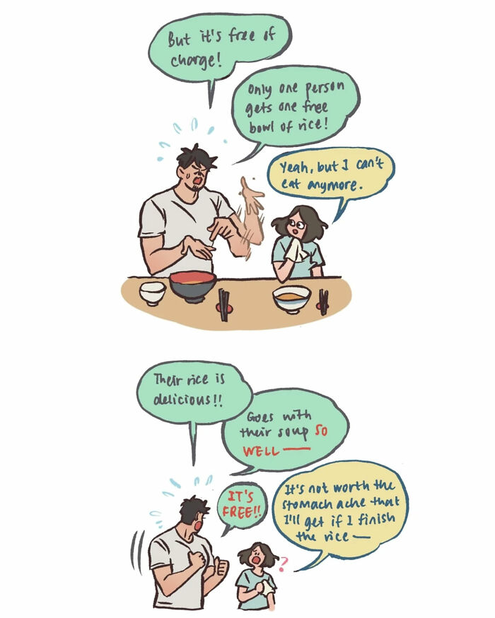 Malaysian artist's relatable comic showing her life with her tall, geeky husband in a humorous everyday disagreement.