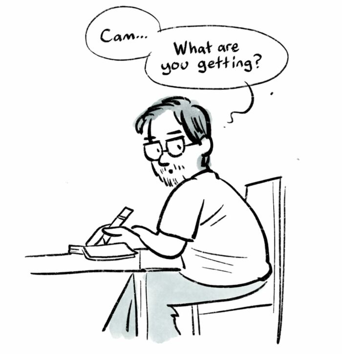 Man with glasses drawing comics at a table, with screeching sound effect above, relatable comics by New Yorker cartoonist.