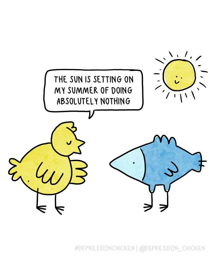 Depression Chicken comic featuring a yellow chicken and blue fish under a smiling sun with dark humor about doing nothing.