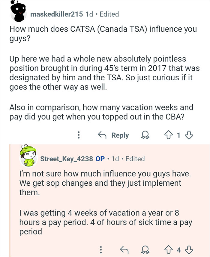 Text exchange between users discussing TSA influence, vacation weeks, and pay details based on a former TSA worker's insights.