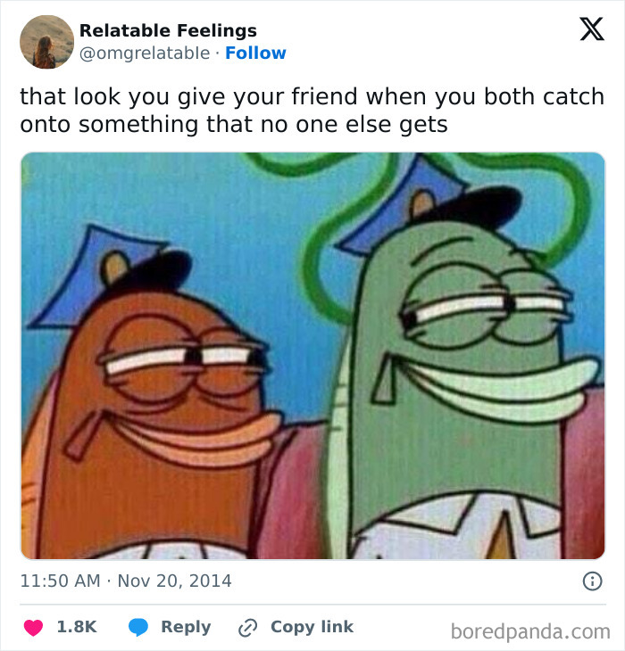 Two cartoon fish with knowing looks share a moment, illustrating relatable feelings in specific moments of life.