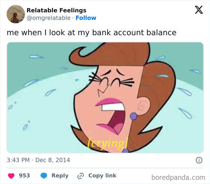 Cartoon woman crying with tears and caption showing relatable feelings in common moments not originally experienced.