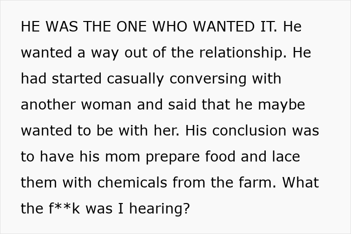 Text excerpt from story about a guy sending homemade food that makes his girlfriend sick with chemicals from the farm. Text excerpt from story about a guy sending homemade food that makes his girlfriend sick with chemicals from the farm.