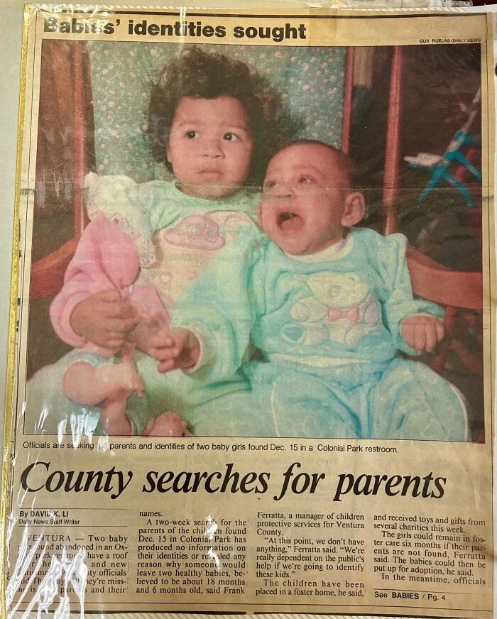 Vintage newspaper clipping showing two baby girls, related to sisters discovered alive 36 years after being reported missing.