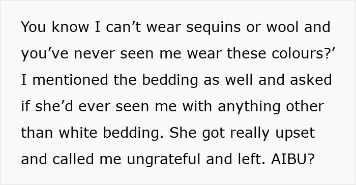 Text message about mums bad birthday presents discussing sequins, wool, and colour preferences causing upset.