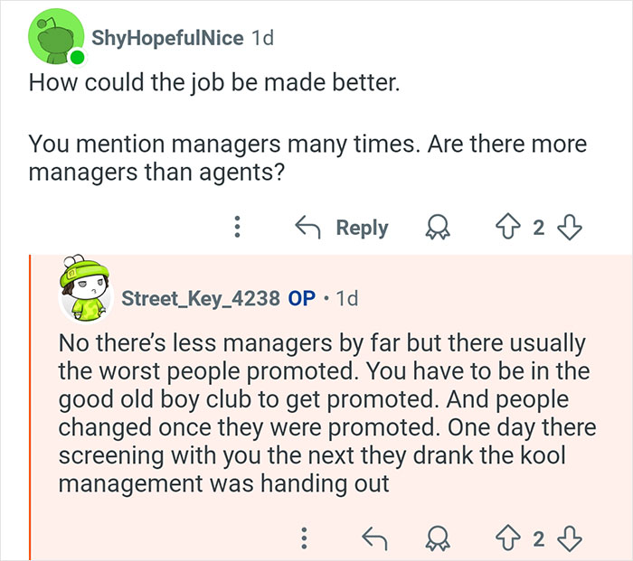 Reddit conversation showing a former TSA worker answering questions about management and job promotion insights.