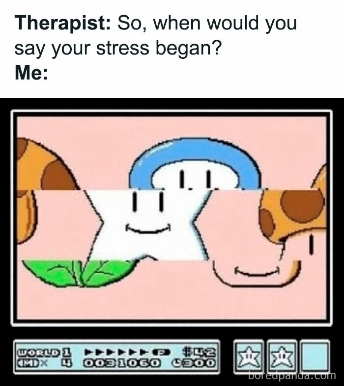 Therapist asking about stress with a glitchy Thunder Dungeon meme featuring pixelated cartoon characters.