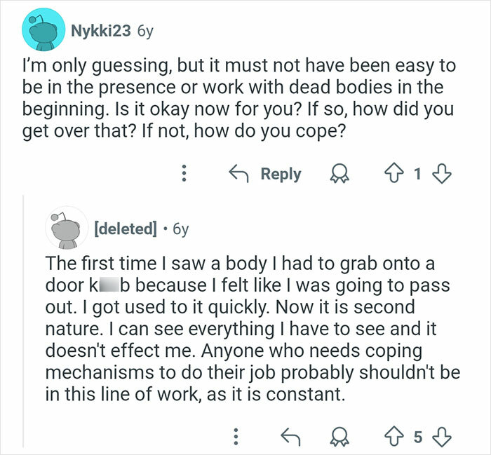 Reddit conversation about coping with working around dead bodies, illustrating interesting and sometimes crazy stories from coroners.