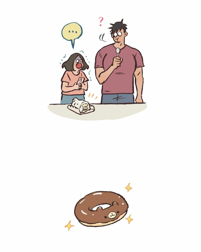 Malaysian artist’s cute illustration of a woman happily admiring a jiggly cat dessert in a relatable comic style.