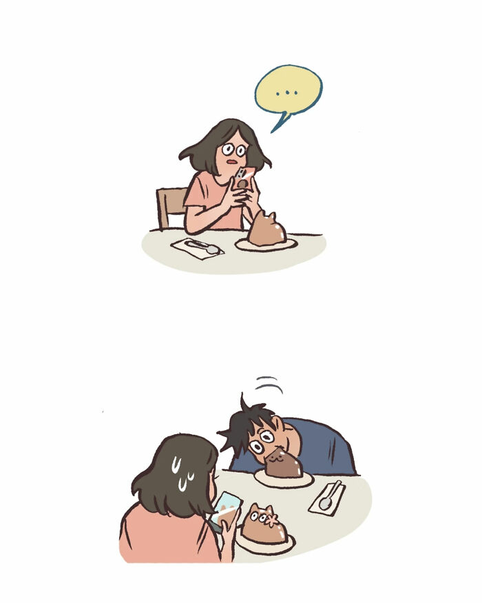 Malaysian artist’s cute illustration of a woman happily admiring a jiggly cat dessert in a relatable comic style.