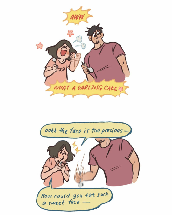 Malaysian artist’s cute illustration of a woman happily admiring a jiggly cat dessert in a relatable comic style.