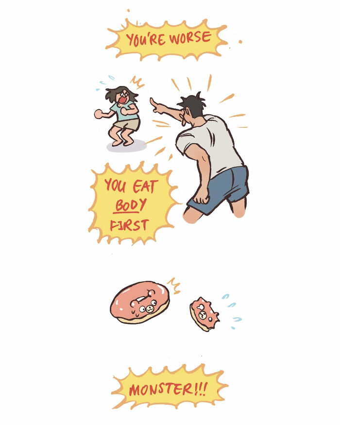 Malaysian artist’s cute illustration of a woman happily admiring a jiggly cat dessert in a relatable comic style.