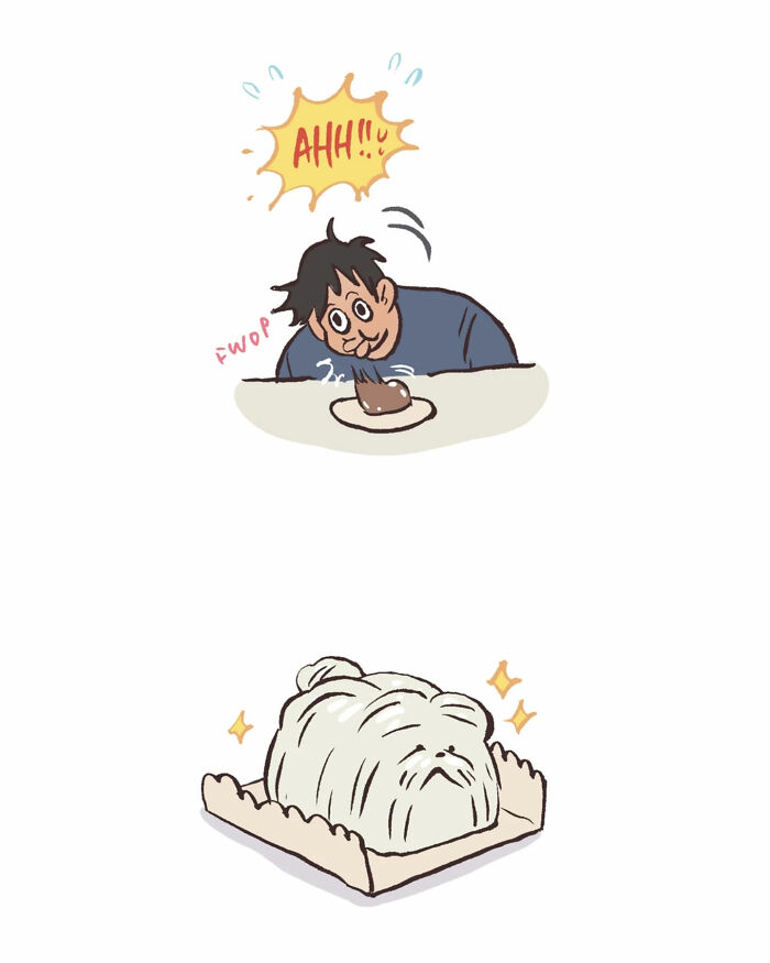 Malaysian artist’s cute illustration of a woman happily admiring a jiggly cat dessert in a relatable comic style.