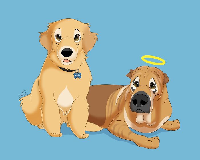 Disney-style pet portrait of two adorable dogs, one with a collar and the other with a glowing angel halo on blue background