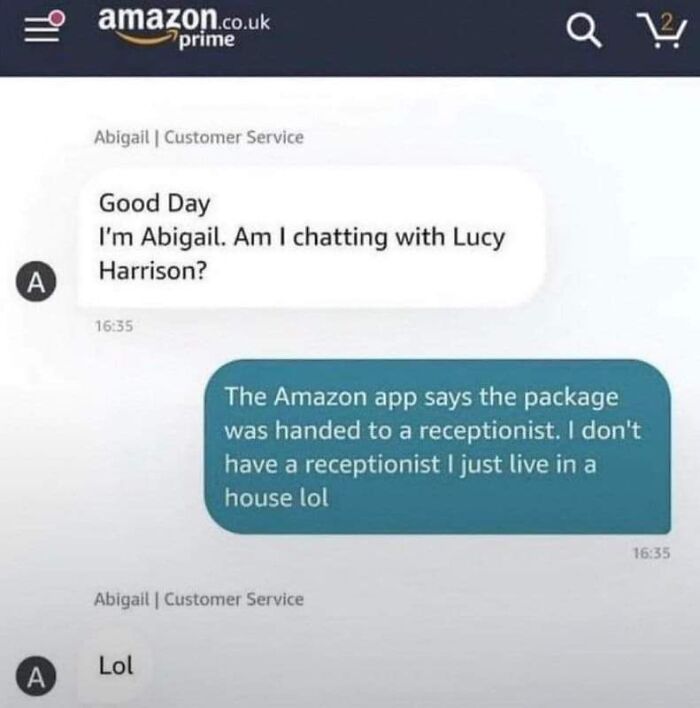 Customer service chat screenshot with a funny Amazon package delivery mix-up, perfect for meme laughs and entertainment.