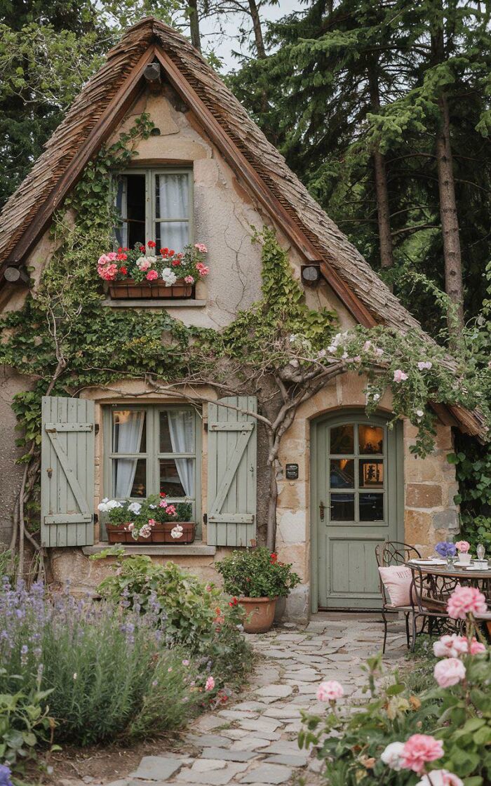 Cozy dream cottage surrounded by lush gardens with flowers and ivy, featuring rustic green shutters and a charming stone pathway.