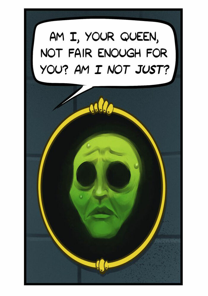 Comic scene with a king asking a magic mirror, featuring Port Sherry comics blending everyday moments and absurd twists.