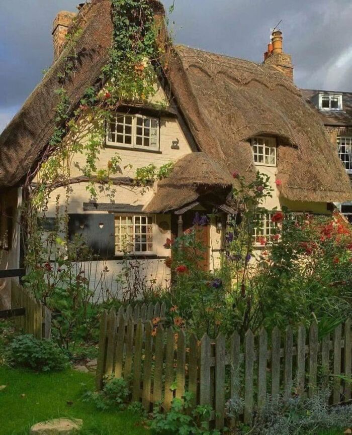 Thatched dream cottage surrounded by a lush garden with vibrant flowers and a rustic wooden picket fence.