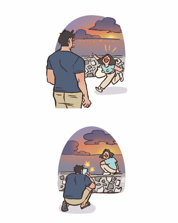Malaysian artist draws a tall, geeky husband taking photos, capturing relatable moments in their daily life.