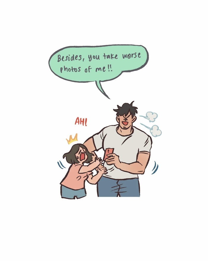 Malaysian artist draws a tall, geeky husband taking photos, capturing relatable moments in their daily life.