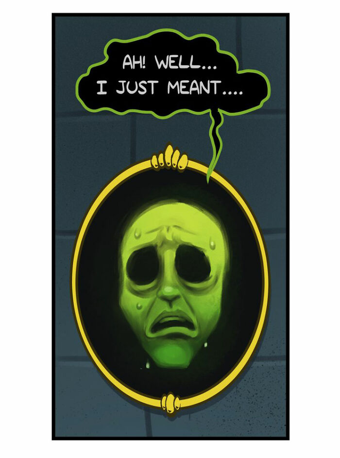 Comic scene with a king asking a magic mirror, featuring Port Sherry comics blending everyday moments and absurd twists.