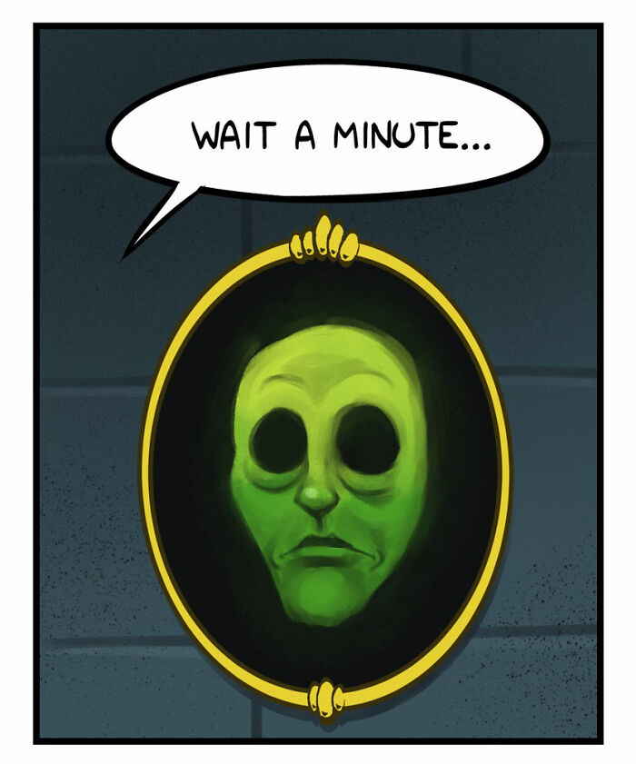 Comic scene with a king asking a magic mirror, featuring Port Sherry comics blending everyday moments and absurd twists.