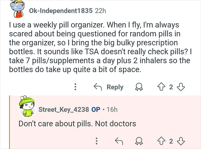 Reddit comments discussing TSA screening and experiences shared by a former TSA worker answering common questions.