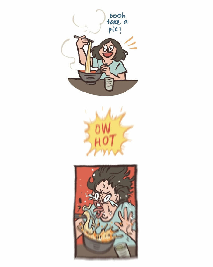 Malaysian artist draws a tall, geeky husband taking photos, capturing relatable moments in their daily life.