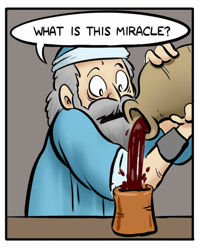 Port Sherry comic panel showing a worried man pouring from an empty wine jug with a nervous woman nearby.