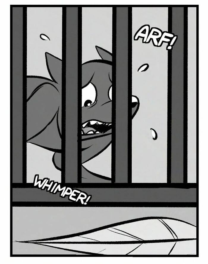 Black and white Port Sherry comic panels showing a dog whining and crying behind bars, blending everyday moments with absurd twists.