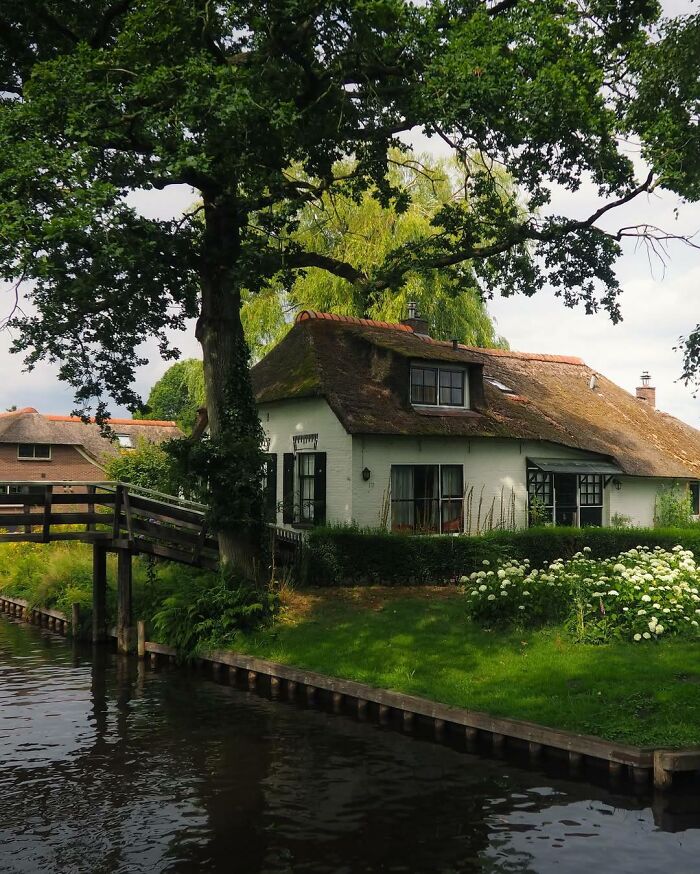 Idyllic dream cottage with lush gardens by a peaceful waterway surrounded by large trees and greenery.