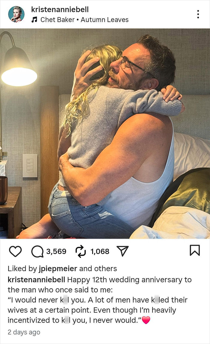 Kristen Bell sharing a wedding anniversary post that many find could be triggering for victims, showing a warm embrace.