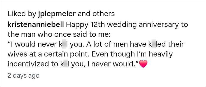 Screenshot of Kristen Bell&rsquo;s social media post on wedding anniversary that sparked massive backlash and fan snubbing.