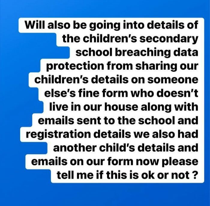 Text on blue background about children&rsquo;s secondary school breaching data protection by sharing details and emails improperly.
