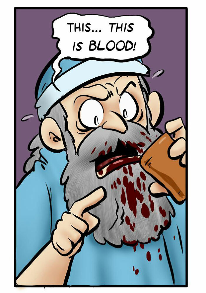 Port Sherry comic panel showing a worried man pouring from an empty wine jug with a nervous woman nearby.