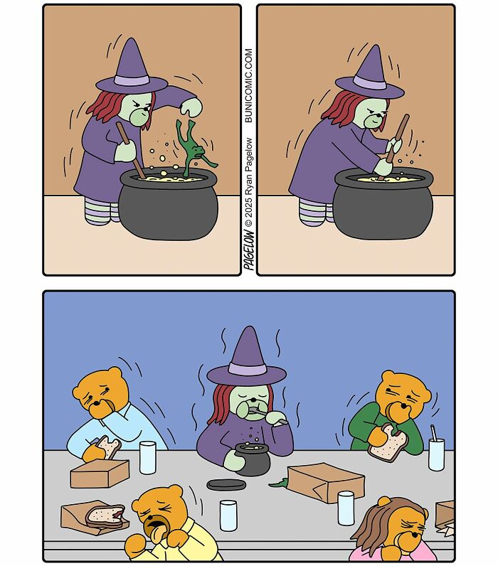 Witch cooking a spooky potion in a cauldron, followed by tired characters tasting her darkly funny Buni comic creation.