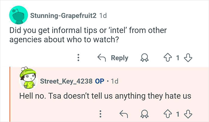Screenshot of a Reddit conversation revealing insider insights from a former TSA worker about agency information sharing.