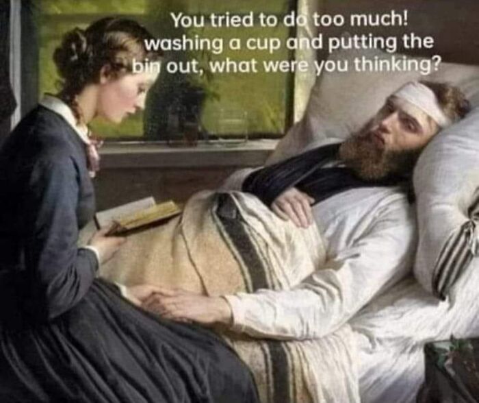 Classical painting of a woman reading to a sick man in bed, humorously captioned to create a funny meme.