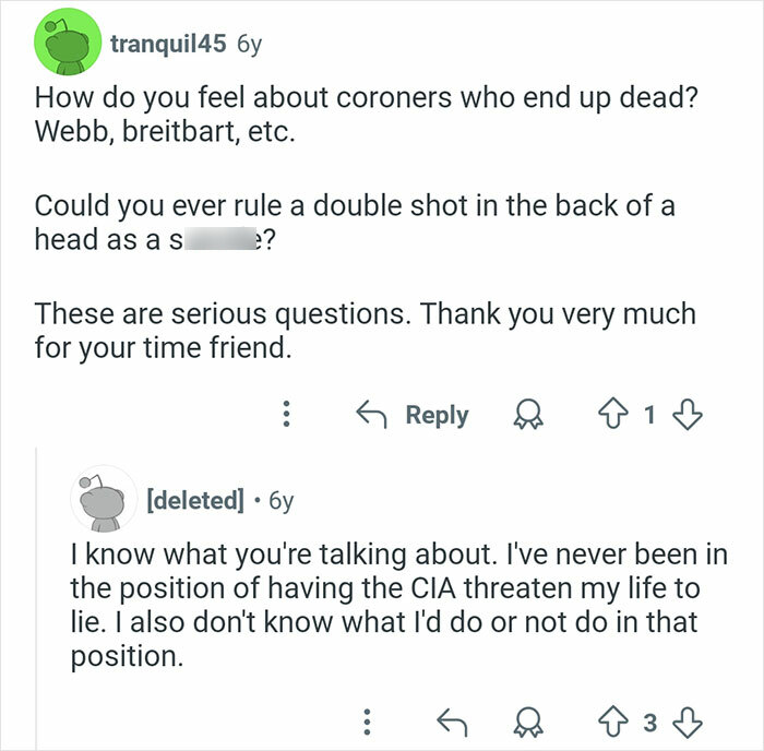 Screenshot of a Reddit conversation discussing coroners and unusual or challenging cases in forensic investigations.