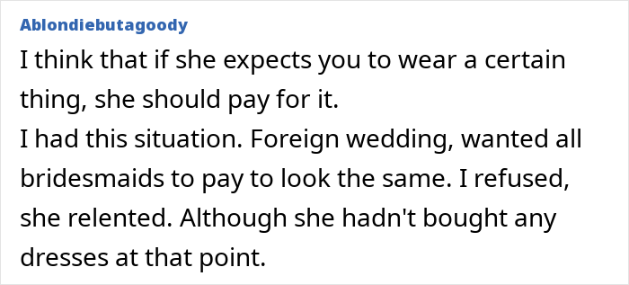Text conversation showing a woman upset about being asked to pay for her own bridesmaid&rsquo;s dress by the bride-to-be.