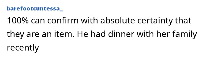 Screenshot of a social media comment discussing Katy Perry and Justin Trudeau romance rumors with family dinner mention.